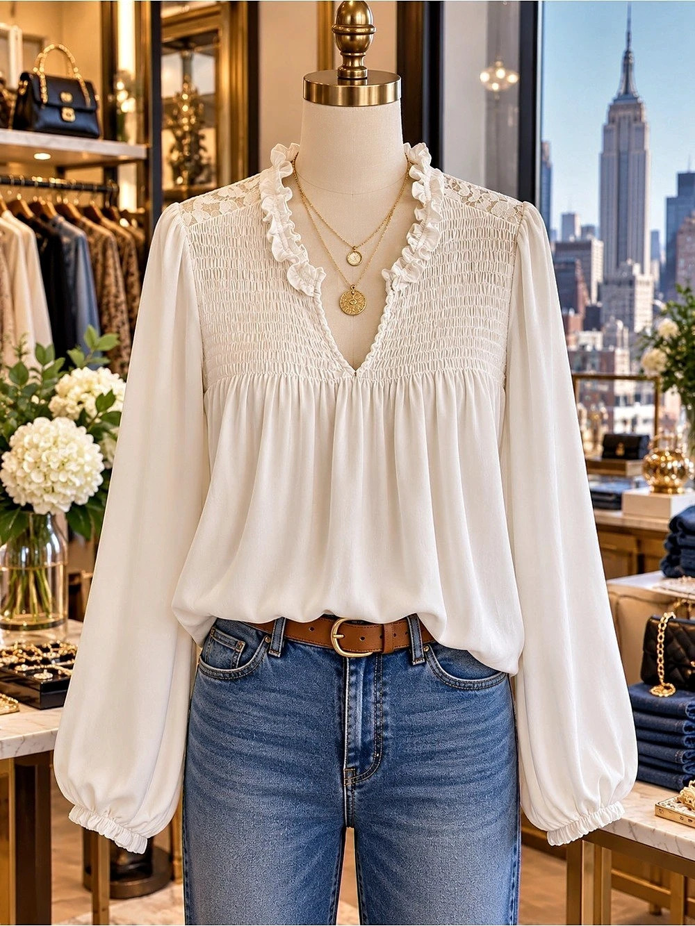 Knox Rose Lace Yoke Peasant Blouse in Ivory Size Large